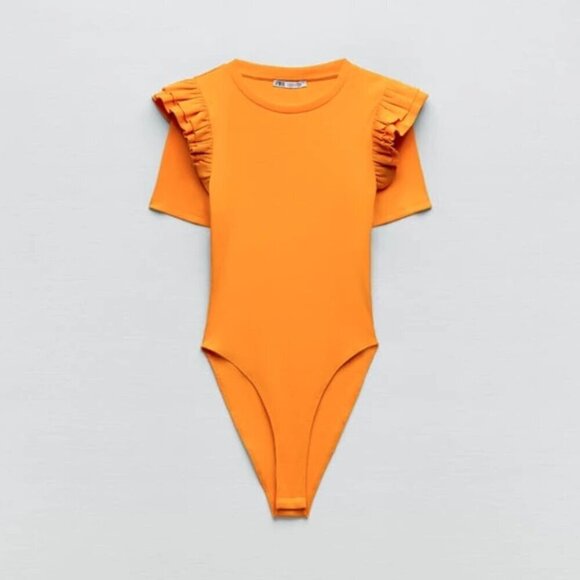 NWT Zara orange ruffle shoulder rib bodysuit, S - Picture 6 of 13